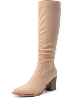 DREAM PAIRS Women's Apricot Slouchy Knee-High Chunky Block Heel Boots Pull-On